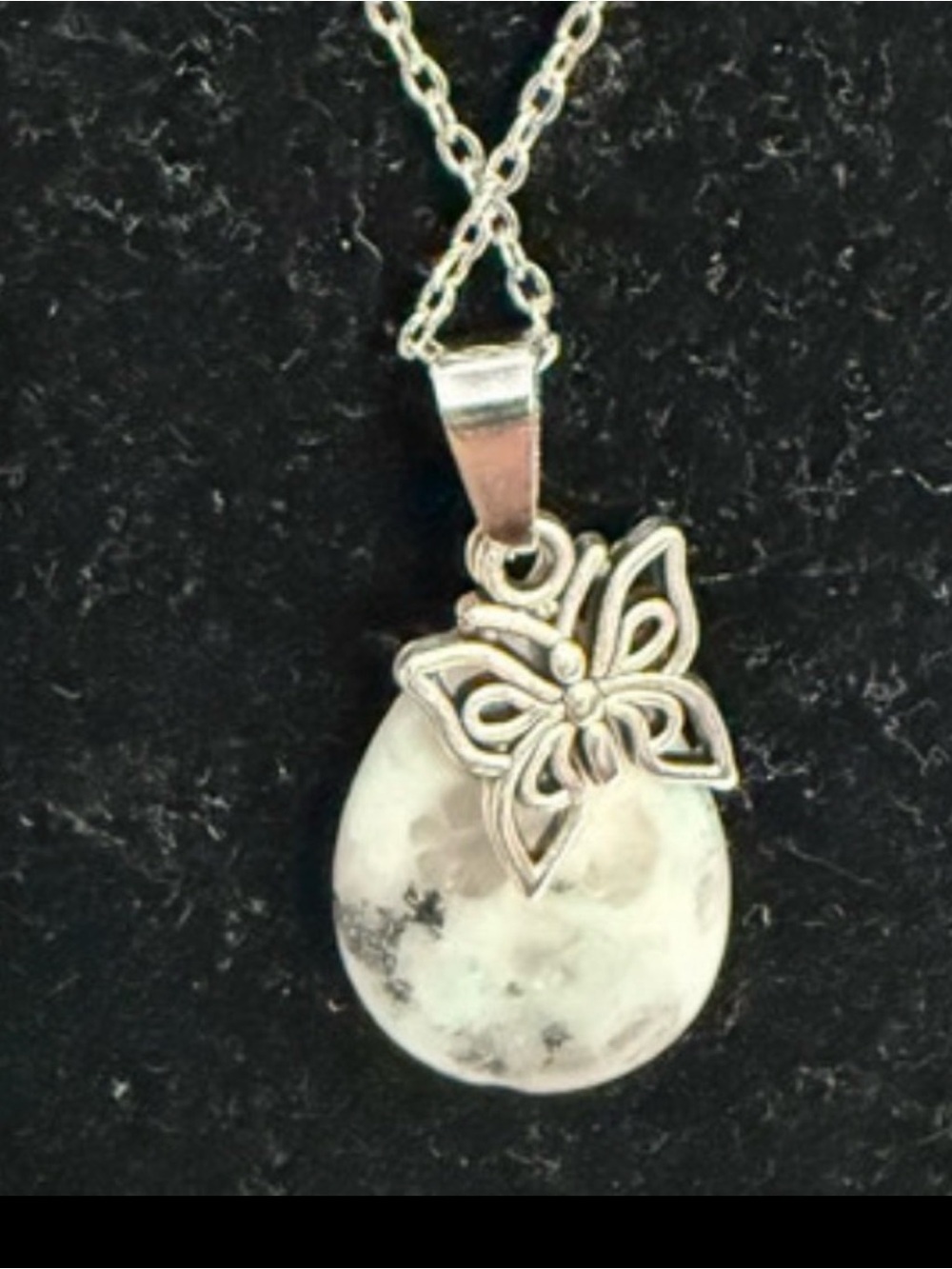 Sterling Butterfly Moonstone Pendant Necklace - White w/Butterfly.